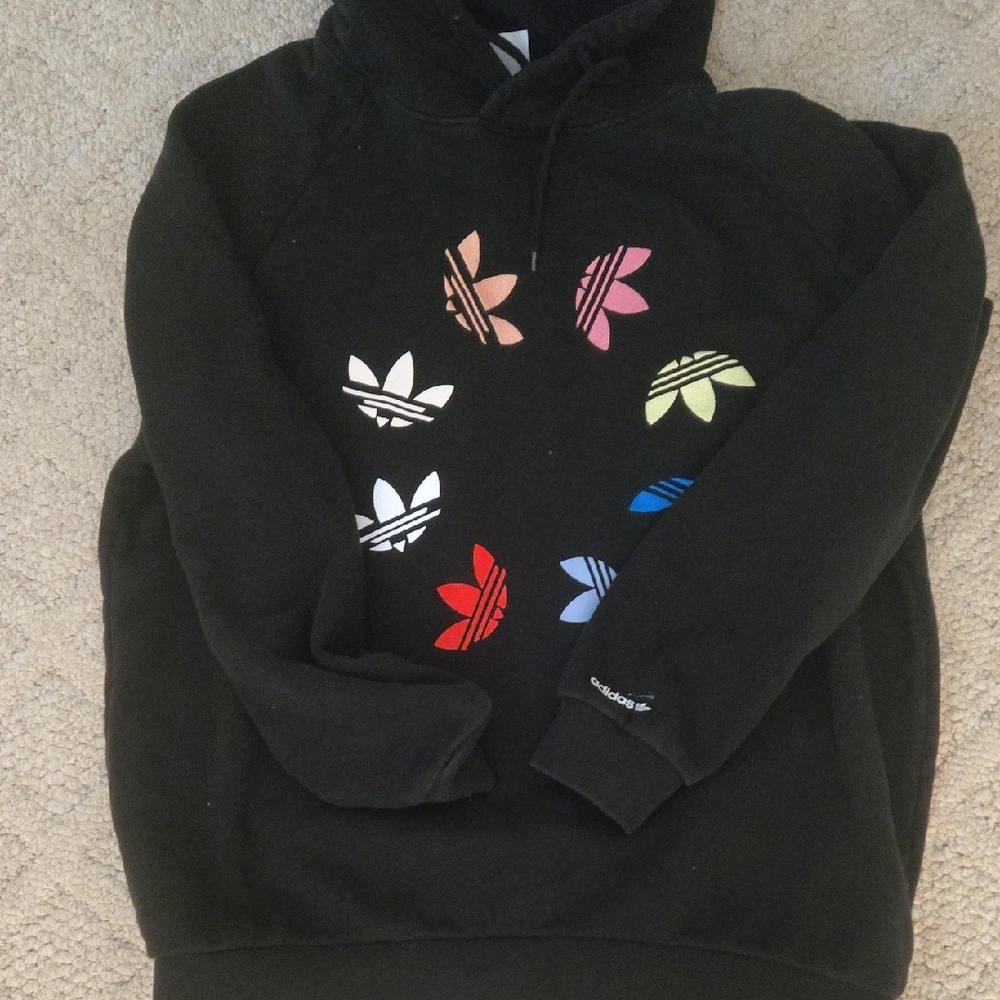 Adidas Black Hoodie with Colorful Trefoil Designs